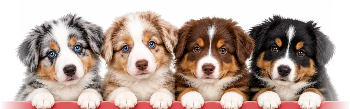 Quattro cuccioli Pastore Australiano: blue merle, red merle, red tricolor e black tricolor